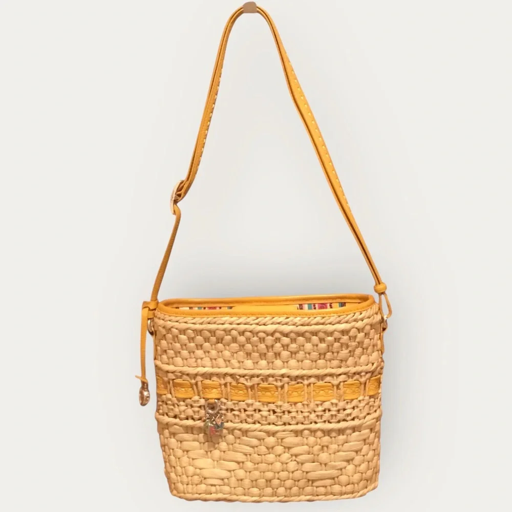 Brighton Carmella Straw Crossbody Yellow Leather Trim Medium Bucket Shoulder Bag